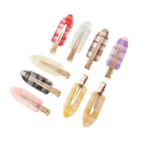 Set of 9 plaid pattern hair clips in multiple colors with golden metal alligator grips