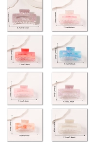 Size guide for French marble hair claws in eight colors with 8.7cm and 7.1cm dimensions