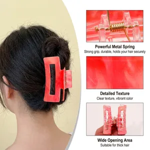 Rectangle hair claw clip with red marble resin texture and gold metal spring for thick hair