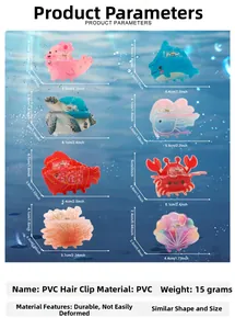 Detailed size parameters for various colorful PVC ocean animal hair claws and clips