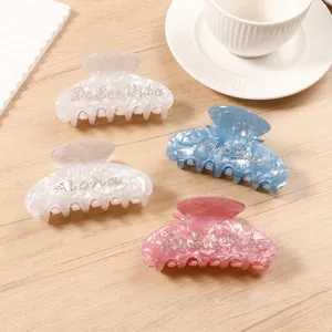 Elegant Marble Pattern Rhinestone Letter Large Hair Claw Clip Acetate Look PVC Shark Clip For Women Daily Styling Accessories