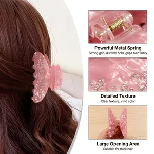 Pink marble hair claw clip with rhinestones and strong metal spring for thick hair