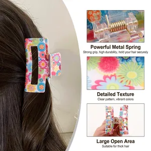 Rechteckige Haarspange mit Blumenmuster und elastischer Goldfeder für dickes Haar