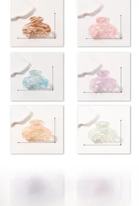 Detailed view of resin shark hair clips in six colors with marble texture and dimensions