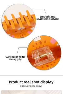 Detail shot of sturdy metal spring and smooth plastic teeth on the orange cartoon hair claw