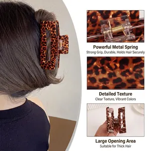 Large leopard print hair claw clip for thick hair featuring strong metal spring