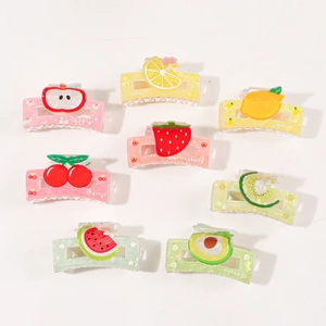 8-piece set of glitter acrylic fruit hair claws featuring cherry and strawberry designs