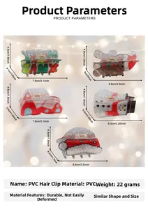 Size chart for Christmas glitter hair claws showing dimensions of five PVC shark clips