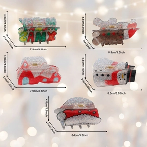 5-piece glitter Christmas hair claws featuring reindeer, snowman and XMAS letter designs