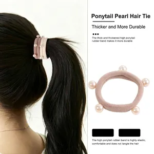 Elastic Morandi towel hair ring with white pearls and thick high-stretch rubber band
