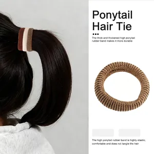High-elasticity thick knitted hair ties in brown and beige stripes for ponytails