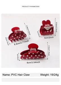 Three red heart hair claws in varied shapes with detailed size and weight specifications