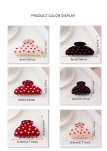 Detailed size comparison and color options for heart pattern hair claw clips in three colors