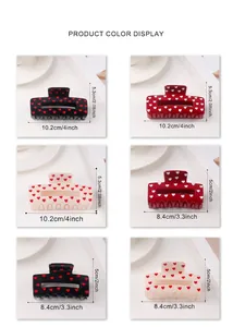 Detailed size comparison for heart print hair claw clips in various colors and dimensions
