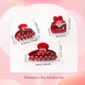 Three-piece red acrylic heart claw clip set for women in various functional sizes