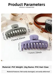 Detail of 11cm matte finish large hair claws in dark grey and light purple colors