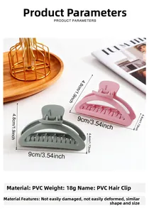 Detailed dimensions of 9cm matte PVC claw clips in pink and grey showing product scale