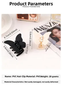 Macro detail of butterfly hair claw clip with PVC matte finish and 6.7cm size specs