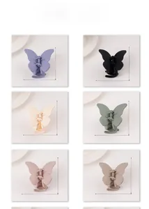 Detailed grid view showing six colors of matte butterfly hair claws with size dimensions
