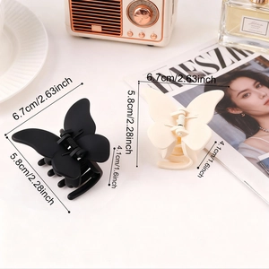Matte butterfly hair claw clips in black and cream beige, set of two, 6.7cm size
