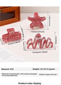 Detailed size and weight specs for pink floral PVC star, rectangle and wave hair claws