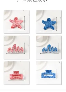Detailed views of starfish and wave hair claws with measurements and floral resin textures