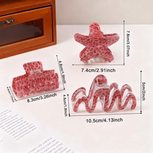 Three leopard starfish wave hair claws with floral texture and dimensions shown