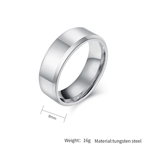 Detailed macro view of 8mm silver tungsten steel ring with polished beveled edges