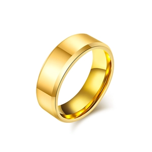 Polished golden tungsten ring with beveled edges in a minimalist wide band design