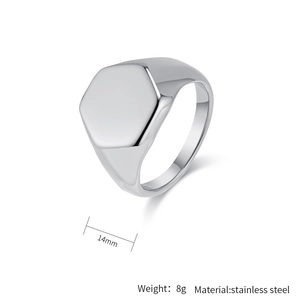 Close-up of a polished hexagonal signet ring in stainless steel with 14mm face and 8g weight