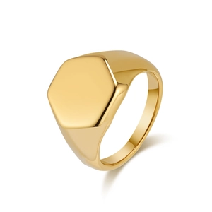 Polished gold hexagonal signet ring for men and women with minimalist stainless steel finish