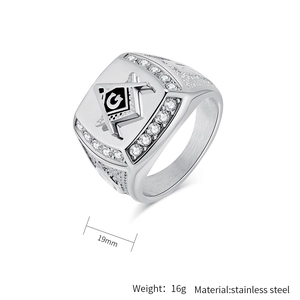 Macro detail of men's Masonic steel ring with G logo, stones and 19mm size info