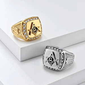 Vintage Masonic Titanium Steel Ring For Men Hip Hop Square And Compasses Signet Ring Rhinestone Inlaid Gold Silver Jewelry