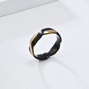 Zweifarbiger, matt schwarzer und goldener ineinandergreifender Wellen-Ring aus Edelstahl