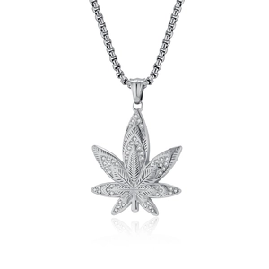 Pendentif feuille d'érable hip hop argenté avec strass et chaîne boîte robuste