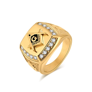 Men's gold Masonic titanium steel ring with G logo and sparkling cubic zirconia stones