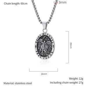 Detail of Saint Michael medal pendant showing 39x26mm size and 60cm stainless steel chain