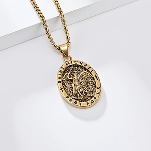 Detailed relief of Saint Michael Archangel on golden stainless steel oval pendant
