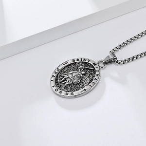 Detailed relief of Saint Michael Archangel on a vintage steel pendant with box chain