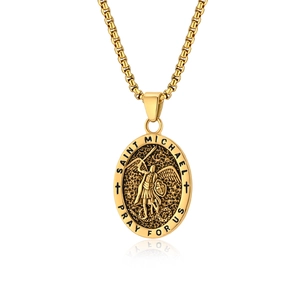 Saint Michael Archangel gold stainless steel pendant necklace with box chain for men and women