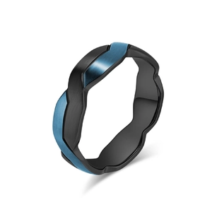 Mattschwarzer und blauer geometrischer Titanstahlring mit asymmetrischem Wellendesign