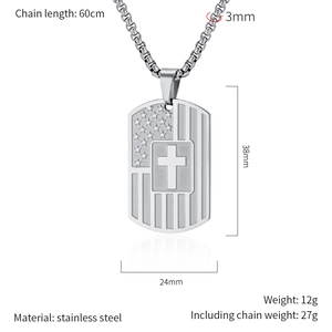 Stainless steel American flag cross dog tag pendant necklace with 60cm chain for men.