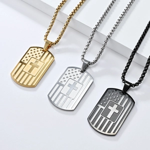 Stainless Steel American Flag Cross Pendant Necklace For Men Vintage Retro Dog Tag Religious Prayer Sweater Chain Punk Jewelry Gift