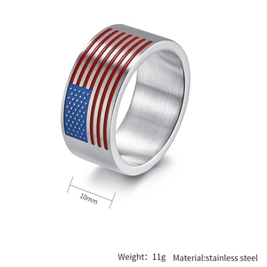 Close-up of 10mm wide stainless steel American flag ring with enamel stars and stripes