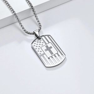 Stainless steel cross dog tag necklace, American flag pendant with bead chain fashion jewelry.