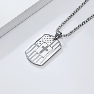 Stainless steel cross dog tag necklace with American flag design for men and women fashion.