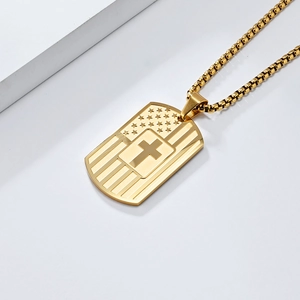 Stainless steel gold cross dog tag necklace with American flag engraving for men pendant