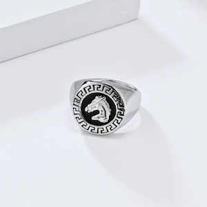 Macro shot of silver horse head signet ring with black inlay and Greek fret pattern
