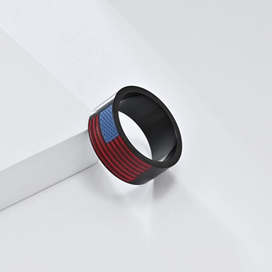 Detailed close-up of matte black titanium ring with American flag enamel pattern