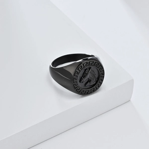 Men's vintage black stainless steel signet ring with horse head and Greek key pattern